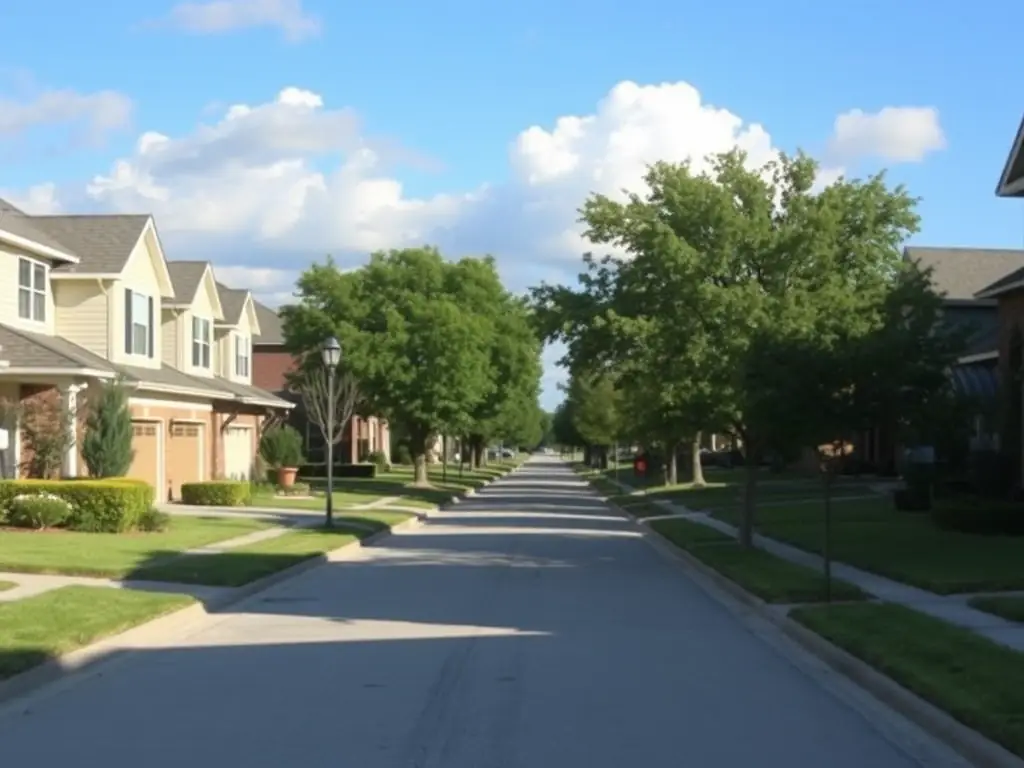 A residential street in Dallas, Texas, with well-maintained homes and a clear blue sky, showcasing a typical neighborhood where M&M Garage Doors provides its services.
