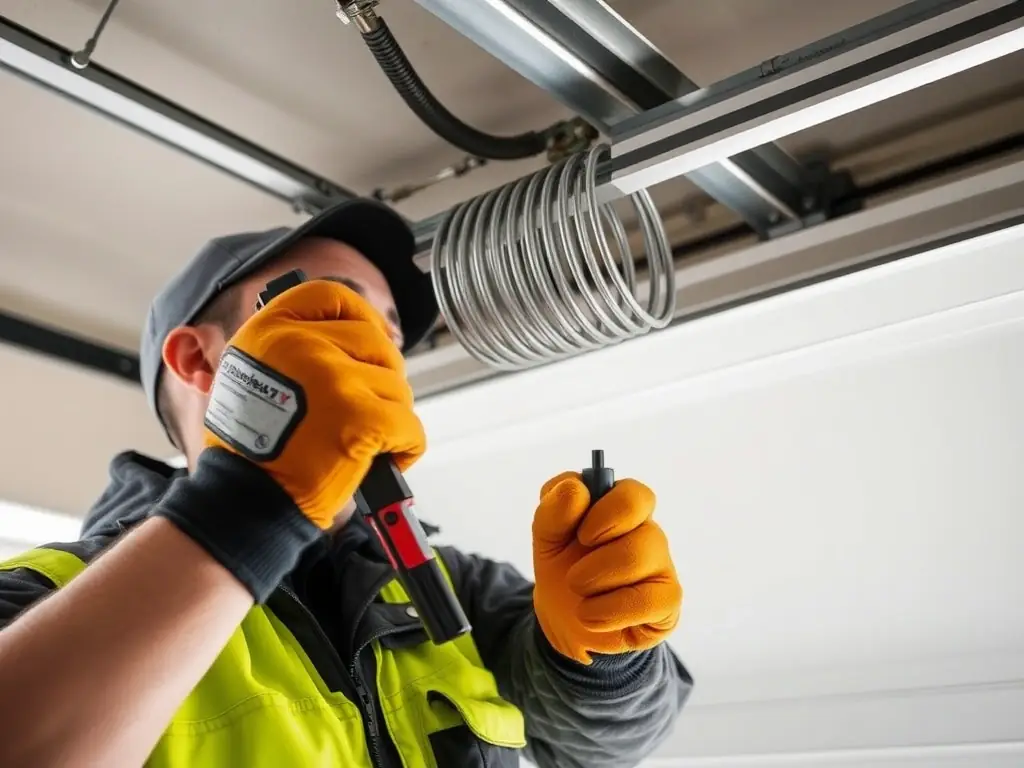 A technician from M&M Garage Doors is shown replacing a broken garage door spring, emphasizing the company's expertise in high-intent repair services.