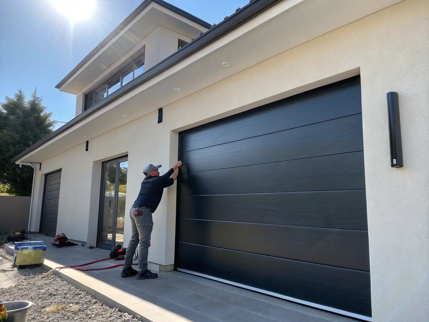 A newly installed, stylish garage door enhancing the curb appeal of a modern home.