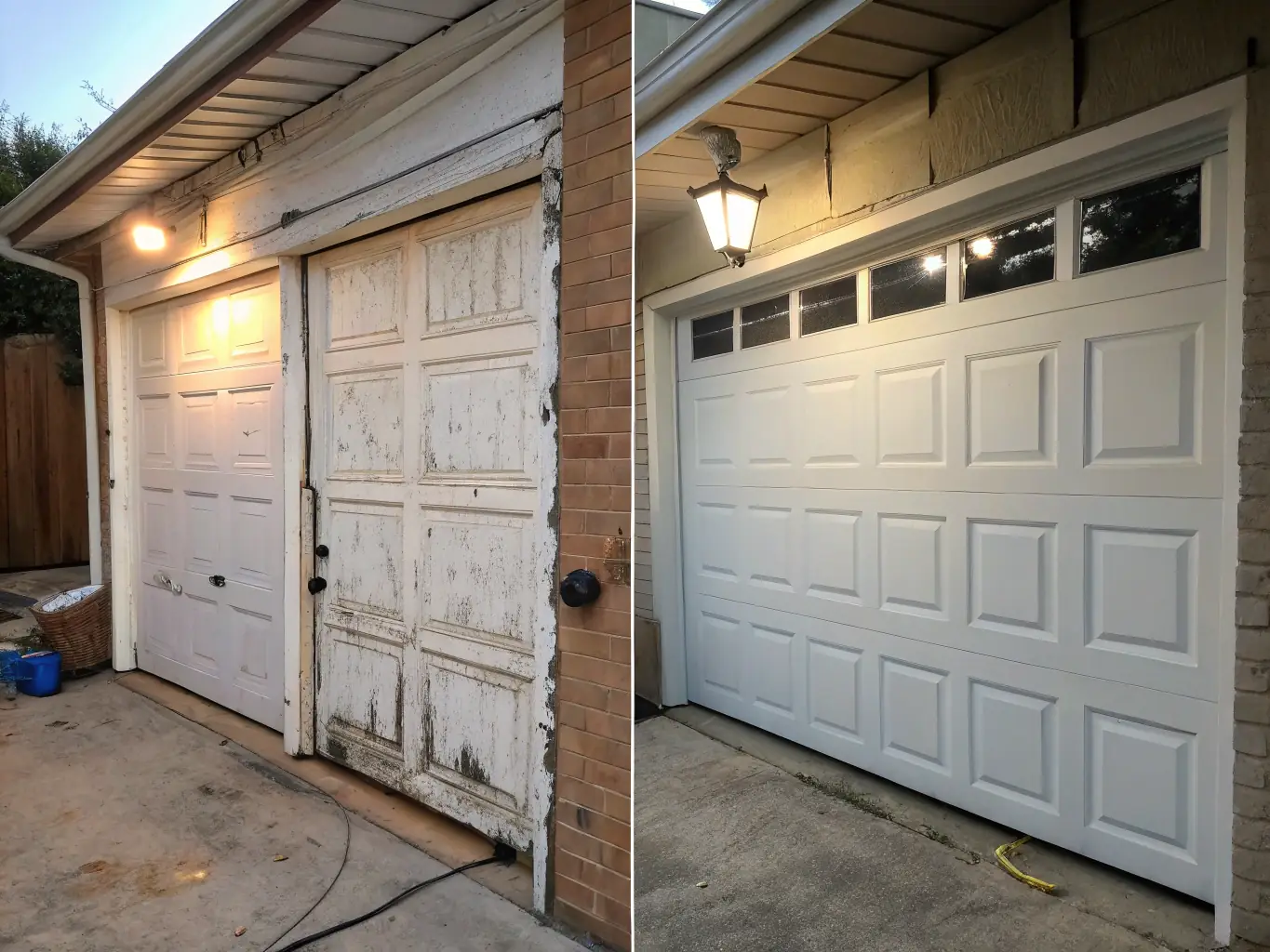 A photo showing a garage door that has been restored to its proper alignment after being off-track, highlighting the precision and care taken during the repair process.
