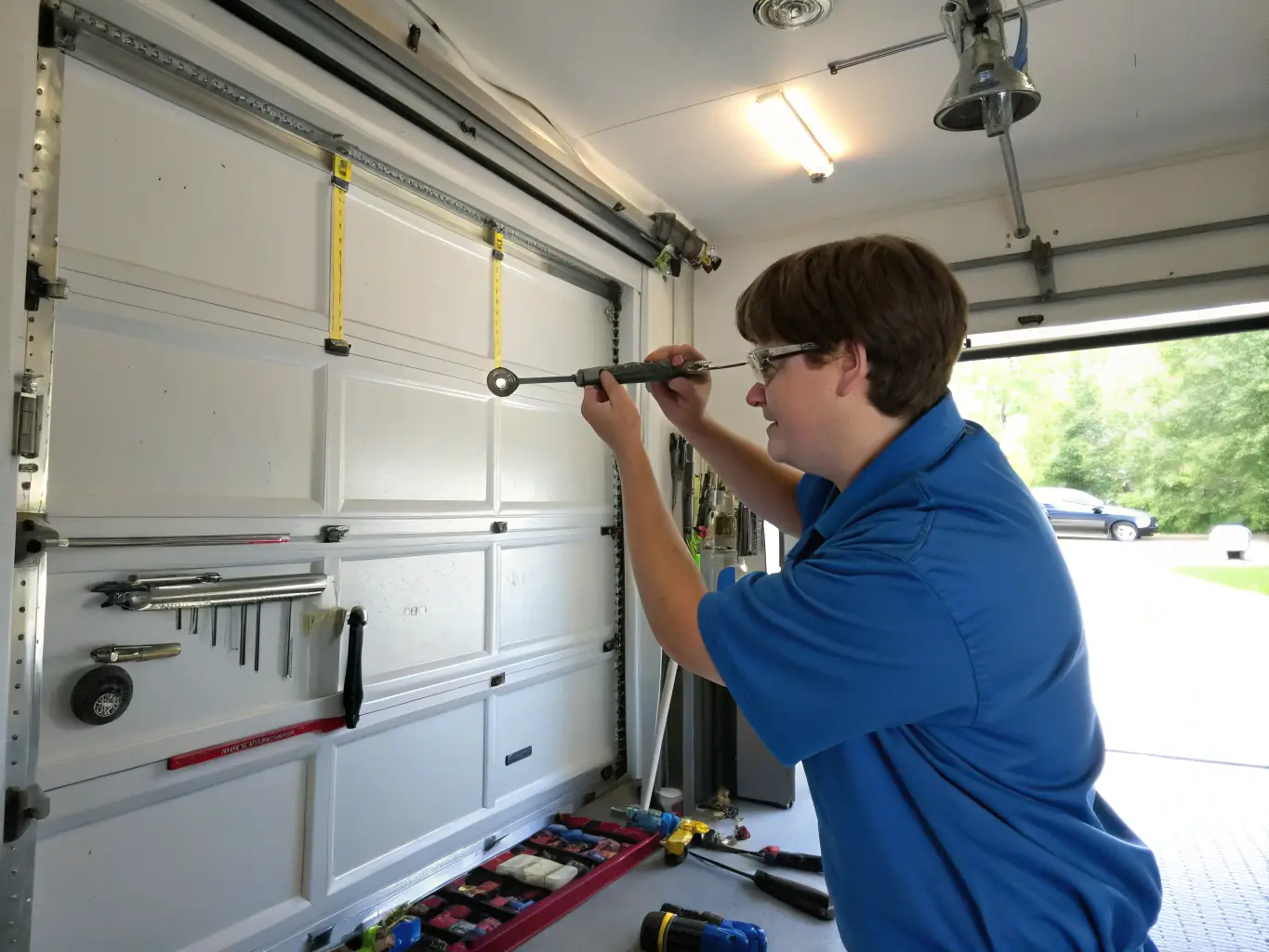 A close-up shot of a technician expertly repairing a garage door spring, showcasing the precision and care taken during the repair process.