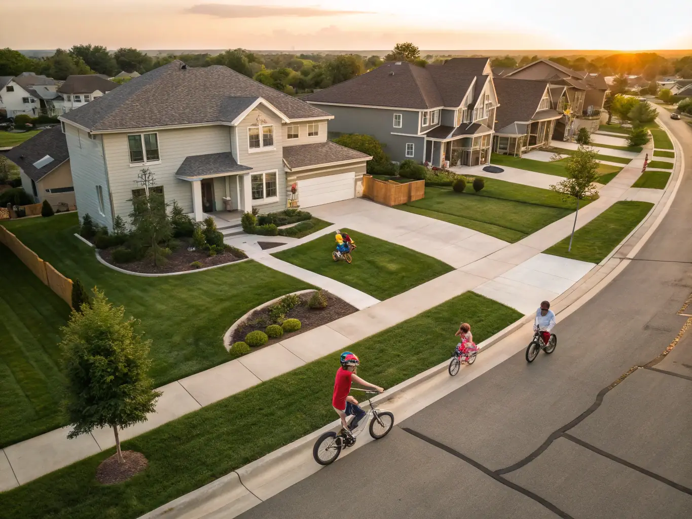 A suburban neighborhood in Fort Worth, Texas, featuring a mix of traditional and modern homes, representing the diverse clientele of M&M Garage Doors.