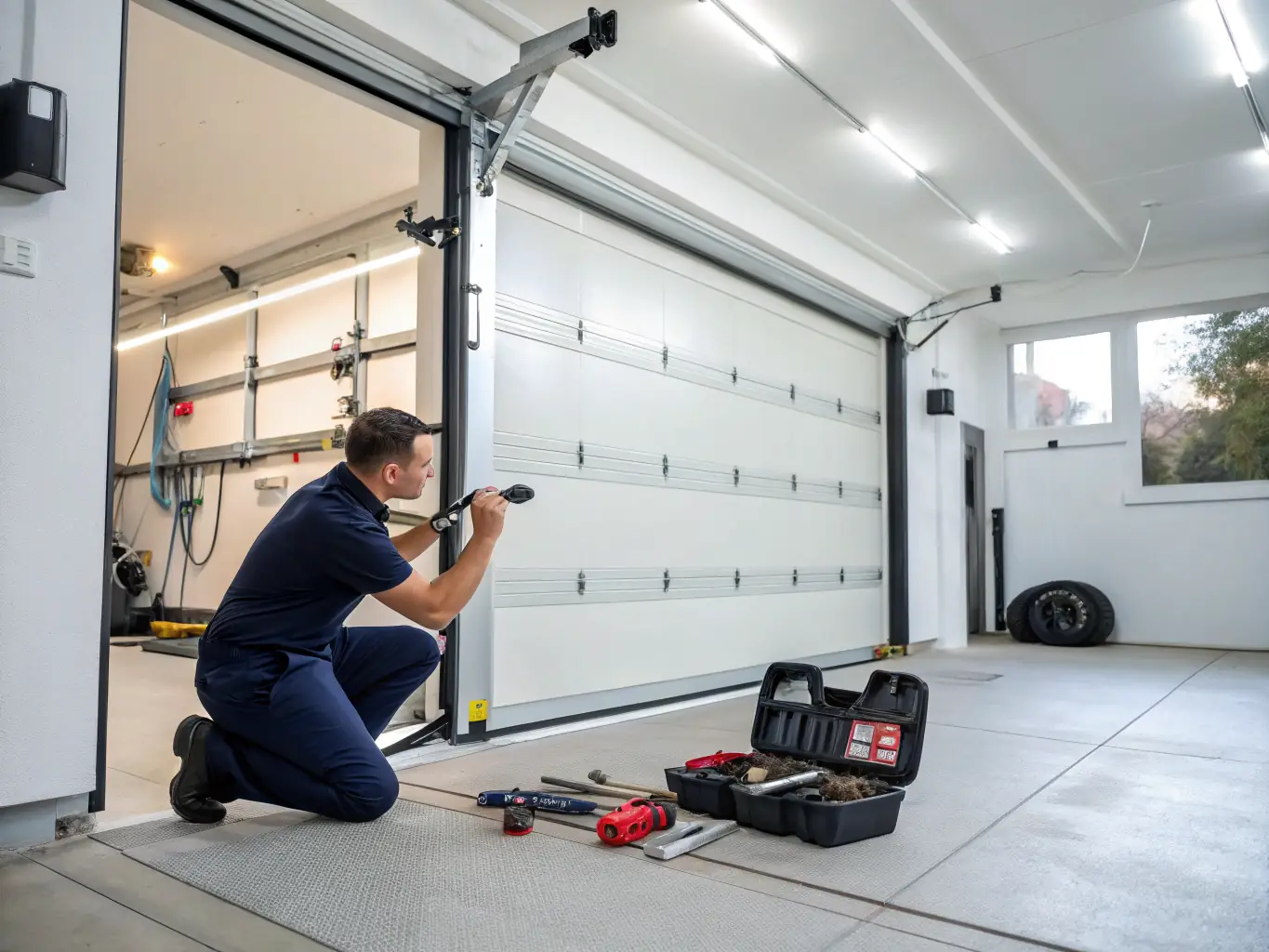 An image of a technician repairing a garage door opener, focusing on the intricate components and the diagnostic process. The setting is a clean and organized garage.