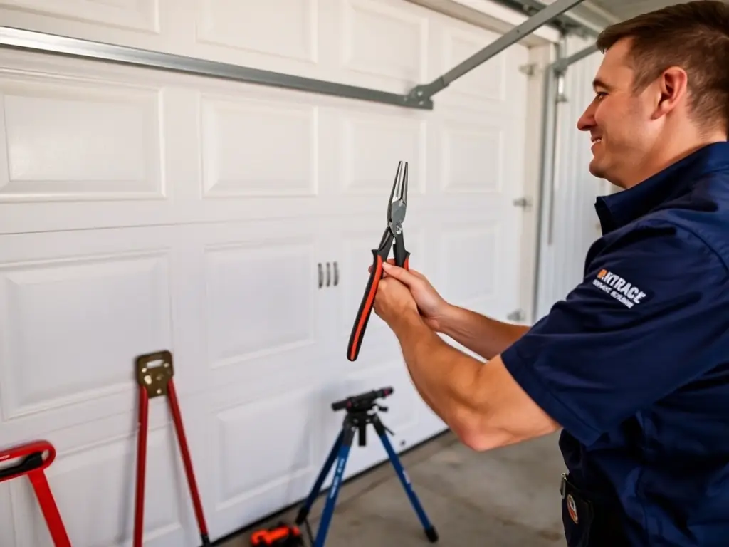 A close-up shot of a technician replacing a broken garage door spring, showcasing the tools and safety measures used during the process. The image should convey expertise and precision.