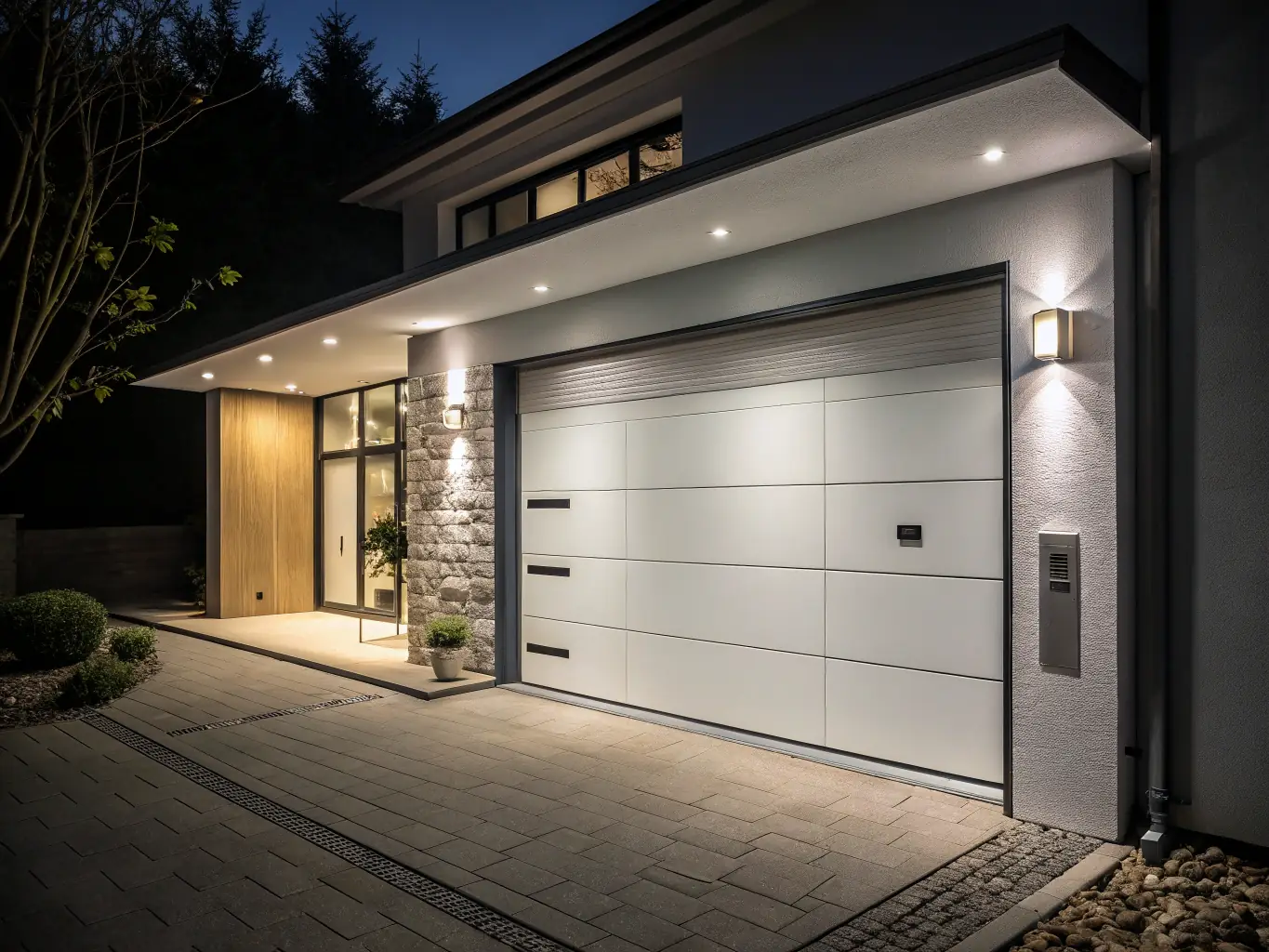 A modern garage door opener with safety sensors, highlighting the technology and convenience of our opener solutions.